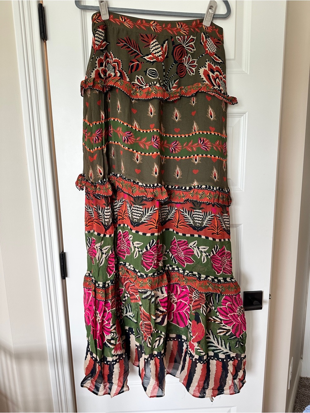 FARM Rio Olive Maxi Skirt with Pink & Orange Floral Print